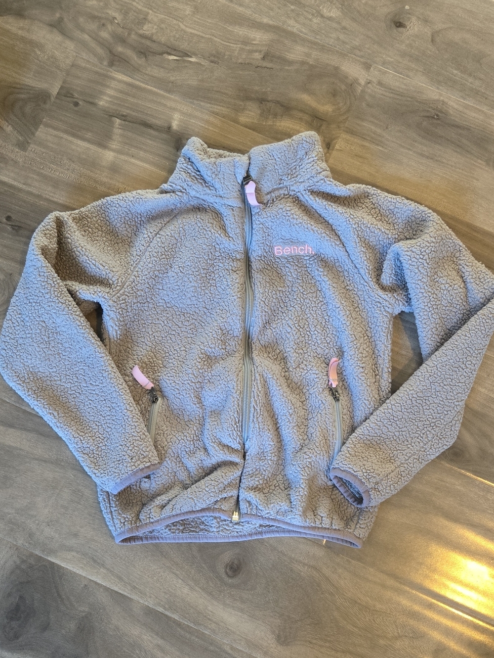 Bench Kids Light Gray Sherpa Zip Jacket with Pink Accents